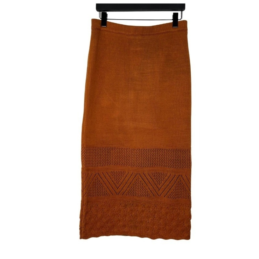 House of Harlow 1960 Rust Brown Knit Midi Skirt Geometric Pointelle Size Large
